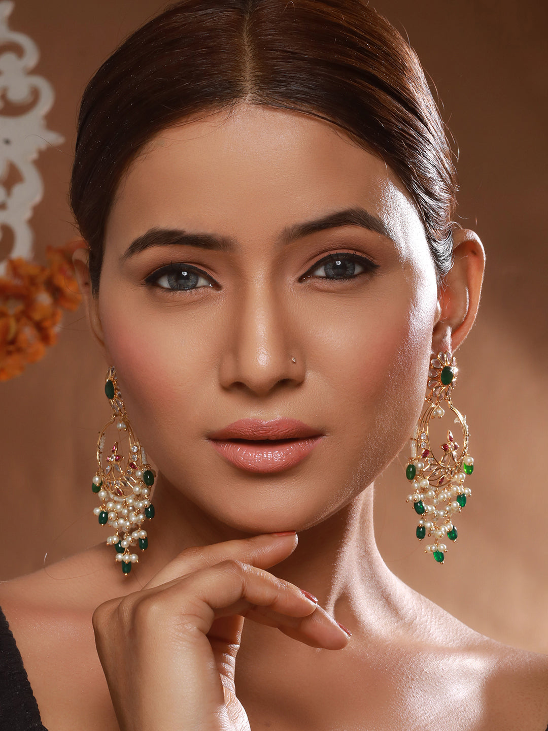 24K Gold Plated Red & Green Kundan & Pearl Beaded Bridal Chandbali Designer Earring